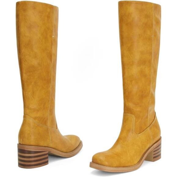 Womens Banana Knee High Boots Square Toe Boots Block Heel Boots Wide Calf - Picture 6 of 7